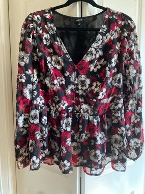 torrid Black Floral V-Neck Peplum Blouse with Red and White Flowers
